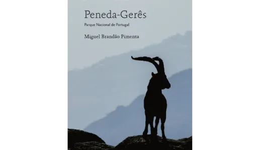 Capa do livro «Peneda-Gerês, Parque Nacional de Portugal», de uma cabra-montês no meio das montanhas.