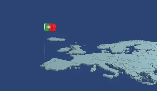 Imagem desenhada de um mapa da Europa onde se destaca Portugal, assinalado com uma bandeira, sob um fundo azul. Crédito: Shutterstock