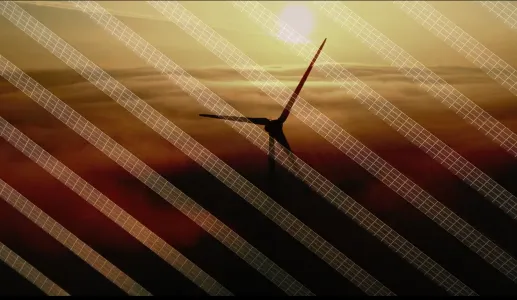 Imagem de uma ventoinha eólica sobreposta por uma imagem de vários painéis solares.