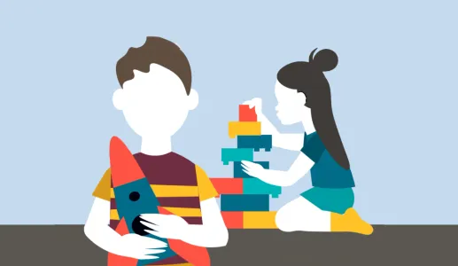 imagem infográfica de duas crianças a brincar com uma boneca e um carrinho. Crédito: Ana kaiseler