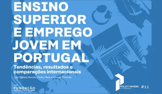Imagem ilustrada de jovens a mexerem em computadores. Texto. "Ensino superior e empregro em Portugal".