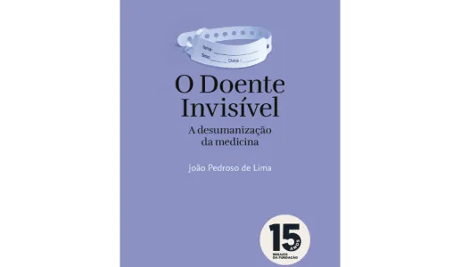 Capa de um livro roxa, com uma imagem de uma pulseira de hospital e o texto destacado "O Doente Invisível".