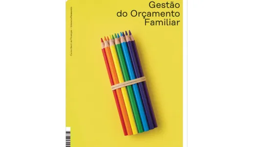 Vários lápis de cor sob um fundo amarelo, que ilustram a capa do livro «Gestão do Orçamento Familiar».