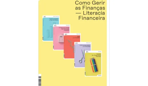 Imagem de cinco livros coloridos, que constituem a coleção «Como Gerir as Finanças - Literacia Financeira ».