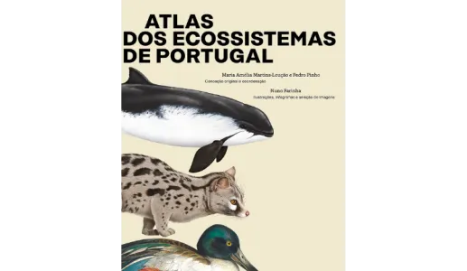 Capa de um livro que tem desenhada um boto, um gineta e um zarro-comum. Texto: "Atlas dos ecossistemas de Portugal".
