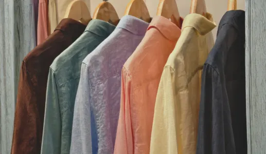 Imagem de várias camisas coloridas penduradas num cabide. Crédito: Shutterstock, com expansão de iamgem com recurso a IA.
