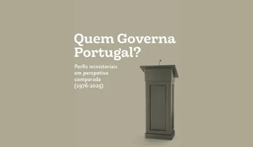 Fundo cinzento esverdeado com uma imagem de um púlpito e o texto "Quem governa Portugal?" destacado.