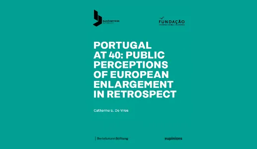 Fundo verde água com o texto destacado "Portugal at 40: Perceptions of european Enlargement in retrospect"