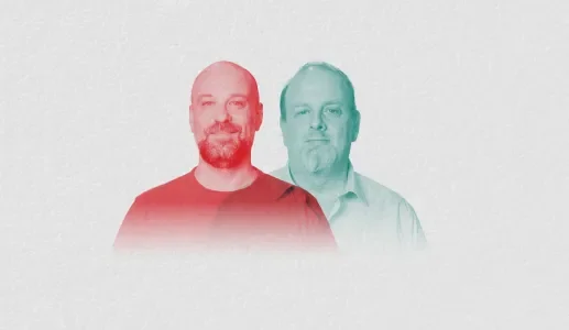 Sob fundo neutro, os rostos de dois homens de meia idade, o crítico literário Pedro Mexia e o humorista Hugo van der Ding.