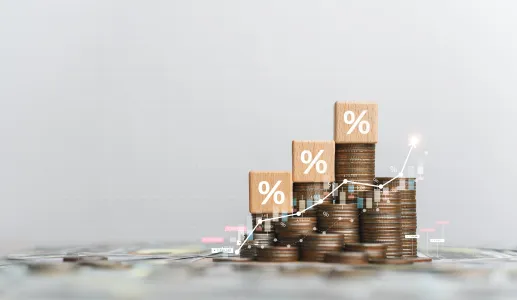 Imagem de vários montes de moedas misturadas com gráficos de crescimento e percentagens. Créditos:  shutterstock