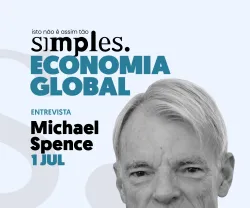 Retrato do economista Michael Spence sobre um fundo azul claro e com o texto "Isto não é assim tão simples. Economia Global".