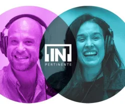 Hugo van der Ding e a economista Cátia Batista lado a lado, sorridentes. Logotipo "[IN]Pertinente" no meio de ambos.