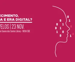 Imagem com texto sobre evento "Conhecimento, escola e era digital?" em Carcavelos, 23 Nov.