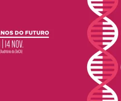 Imagem com fundo rosa, texto: "HUMANOS DO FUTURO | AVEIRO | 14 NOV. Univ. de Aveiro (Auditório do DeCA)"