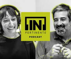 Imagem de um podcast com dois apresentadores sorridentes. Texto: "[IN]PERTINENTE PODCAST".