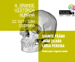 Imagem com um crânio e texto sobre o evento "A Grande História Humana" em Coimbra.