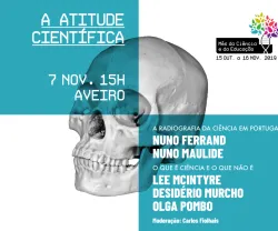 Imagem de um crânio humano com texto informativo sobre um evento em Aveiro a 7 de novembro.