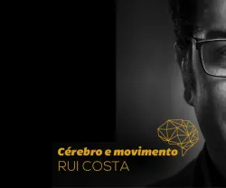 Retrato do neurocientista Rui Costa com o texto "Cérebro e movimento" e ícone estilizado de um cérebro.