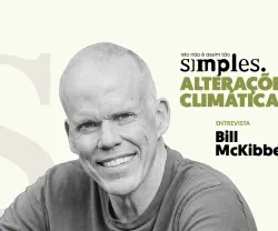 Retrato de Bill McKibben num fundo verde com o texto "Alterações climáticas não é assim tão simples".