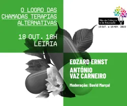 Imagem sobre evento: "O logro das chamadas terapias alternativas" em Leiria, 18 out, 18h. Moderador: David Marçal.