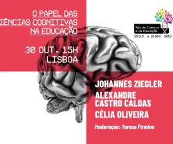 Imagem de um cérebro com texto: "O papel das ciências cognitivas na educação" e detalhes do evento.