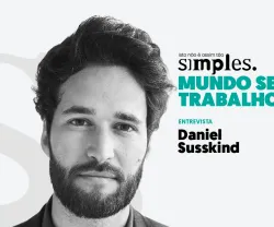 Imagem em preto e branco de Daniel Susskind com o texto "MUNDO SEM TRABALHO".