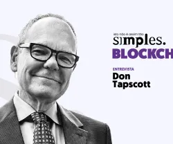 Imagem em preto e branco de Don Tapscott com texto "isto não é assim tão simples. BLOCKCHAIN".