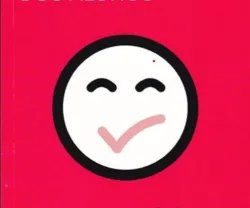 Ícone de um smile feliz com uma marca de verificação a servir de boca, num fundo rosa.