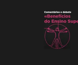 Imagem com o texto: "Comentários e debate «Benefícios do Ensino Superior»" e um desenho de Vitruviano.