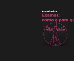 Fundo preto com o texto "Exames: como e para quê?" e ilustração de Leonardo da Vinci.