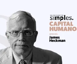Retrato do Nobel da Economia James Heckman a preto e branco, sobre um fundo claro, com o texto "Capital humano não é assim tão simples" e com o logotipo "S.".