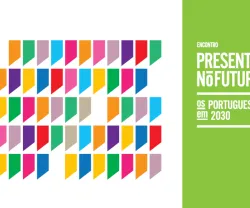 Imagem com várias formas coloridas e texto: "ENCONTRO PRESENTE NO FUTURO, OS PORTUGUESES EM 2030".
