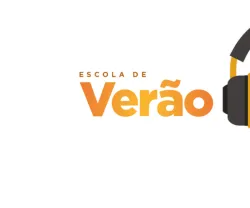 Logo com texto "Escola de Verão" e uma ilustração de um cérebro com fones de ouvido.