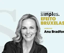 Mulher sorridente com cabelo ondulado, título "Efeito Bruxelas", entrevista com Anu Bradford.