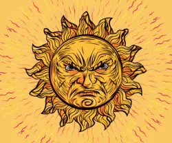 Ilustração do sol, 'zangado', a irradiar calor