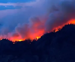 Imagem de uma serra em chamas, recortada no horizonte.