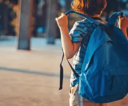 Imagem de um rapaz de mochila às costas a caminhar para a escola.