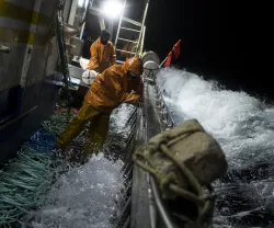 Pescadores indonésios a pescar durante a noite em Portugal, com grandes ondas a bater no barco.. Crédito: Daniel Rodrigues
