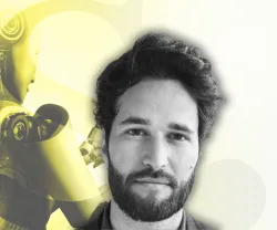Retrato de Daniel Susskind em primeiro plano, sobreposto a uma imagem estilizada de um robô humanoide em tons de amarelo e cinzento.