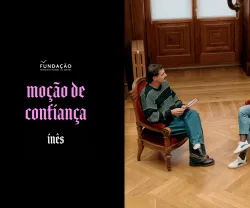 Imagem de Guilherme Geirinhas com Inês Sousa Real, durante as gravações da rúbrica «Moção de Confiança»