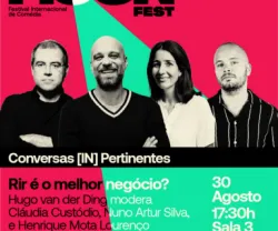Imagem ilustrativa da Conversa [IN]Pertinente do Worten Mock Fest, que junta Nuno Artur Silva, Hugo van der Ding, Cláudia Custódio e Henrique Mota Lourenço