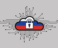 Imagem de uma nuvem digital com a bandeira russa como pano de fundo. Crédito: Shutterstock