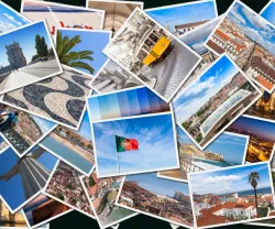 Imagem de vários postais turísticos de paisagens, ruas e monumentos nacionais promovendo o turismo em Portugal. Crédito Canva