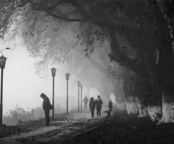 Pessoas passeiam de cabeça baixa, num jardim em dia de nevoeiro, sob um fundo cinzento. Crédito Canva