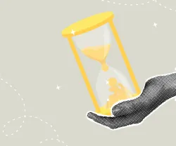 Collage onde se vê uma mão segurando de forma cuidadosa uma ampulheta que está prestes a cair. Crédito: Shutterstock.