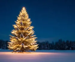 Uma árvore de Natal iluminada, numa planície coberta de neve. Crédito: Shutterstock