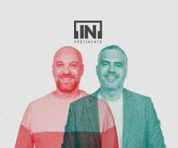 Retrato do comunicador Hugo van der Ding e do jurista Marco Ribeiro Henriques, lado a lado, sobre um fundo cinzento, com o logo "[IN]Pertienente".