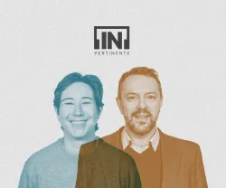 A humorista Luana do Bem ao lado do politólogo Pedro Magalhães, sobre um fundo cinzento, com os logotipos "Fundação Francisco Manuel dos Santos" e "[IN]Pertinente" ao centro.
