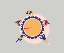 imagem infográfica de uma roda dentada empurrada por pessoas, simbolizando o trabalho. Crédito: Ana Kaiseler