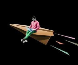 Collage de um rapaz jovem com um computador sob um avião de papel que está a descolar. Crédito:Shutterstock